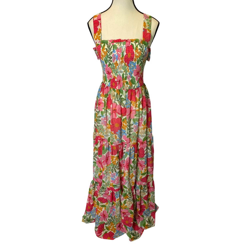 Flying Tomato Maxi Dress Women Large Multicolor Floral Smocked Tropical Boho